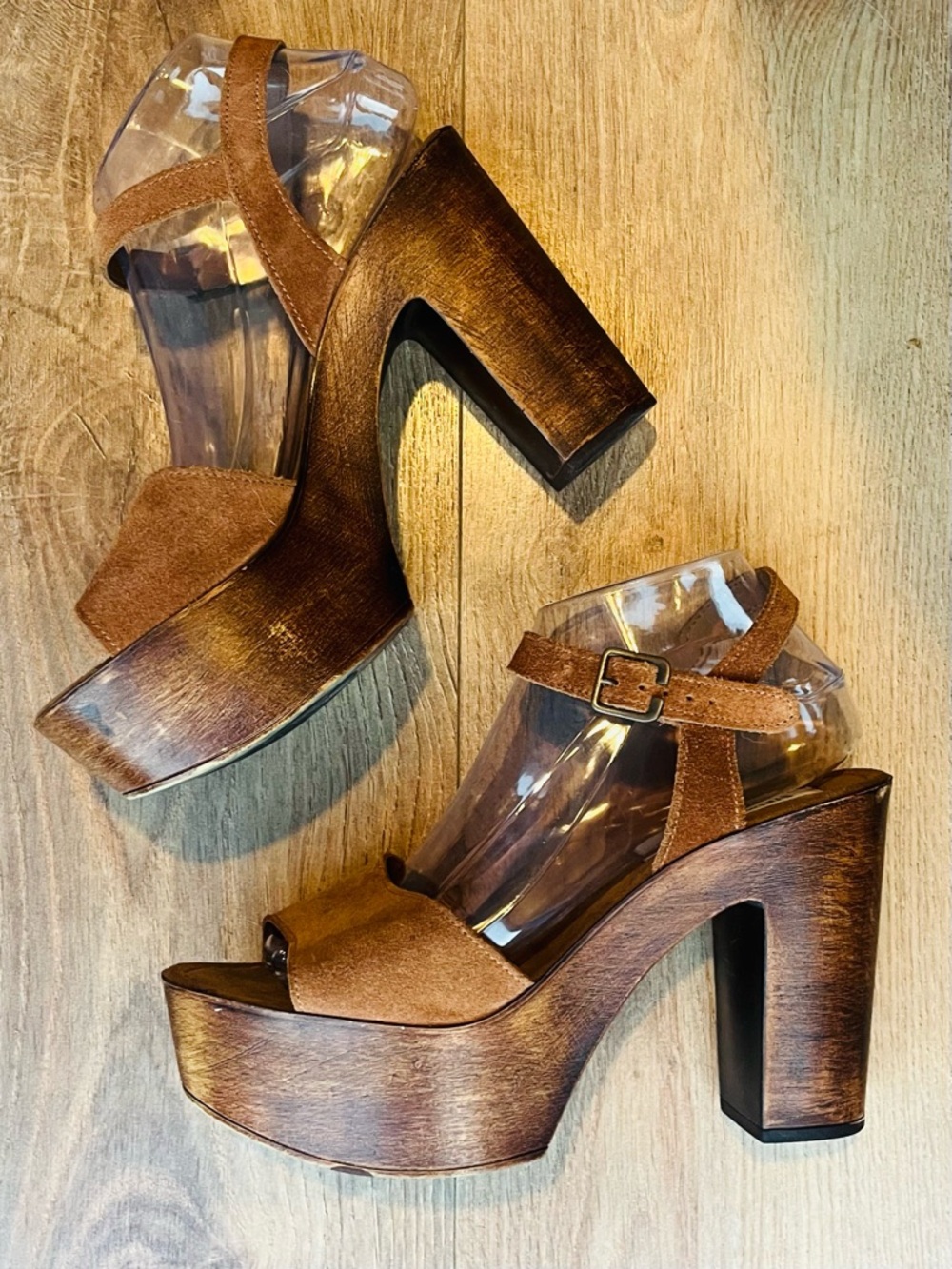 Steve Madden Y2K Platform Sandals Wood Heels Brown Suede - Picture 2 of 10